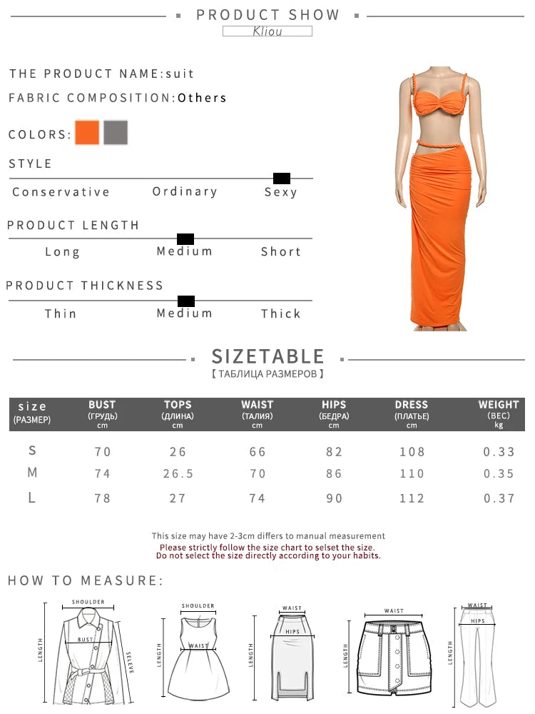 kliou Woven Sexy Women 2 Piece Set Stunning Hot Solid Pleated Crop Camisoles+High Waist Maxi Skirts Female Trend Vacation Outfit