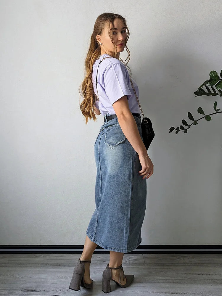 Streamgirl Irregular Split Denim Skirts For Women Midi Summer Casual Tassel Denim Skirt Lady Sexy A Line Jeans Skirt Women 2024