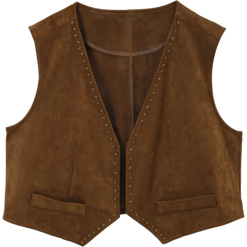 MISHOW Suede Vest Jacket for Women 2025 Autumn French Vintage Sleeveless Thin Vest Coat Rivet Design V-neck Vests MXE46W0863