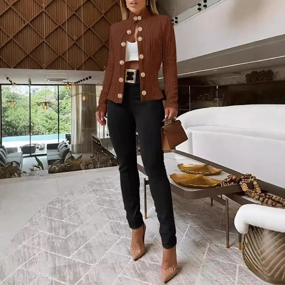 Fall Winter Women Jacket Slim Fit Metal Buttons Stand Collar Long Sleeves Jacquard Coat Solid Color OL Commuting Coat For Work