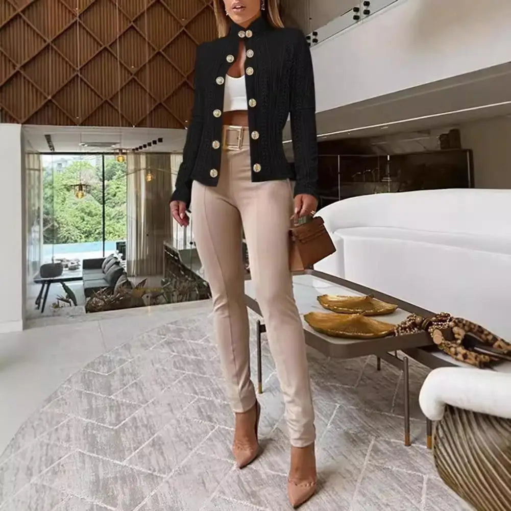 Fall Winter Women Jacket Slim Fit Metal Buttons Stand Collar Long Sleeves Jacquard Coat Solid Color OL Commuting Coat For Work