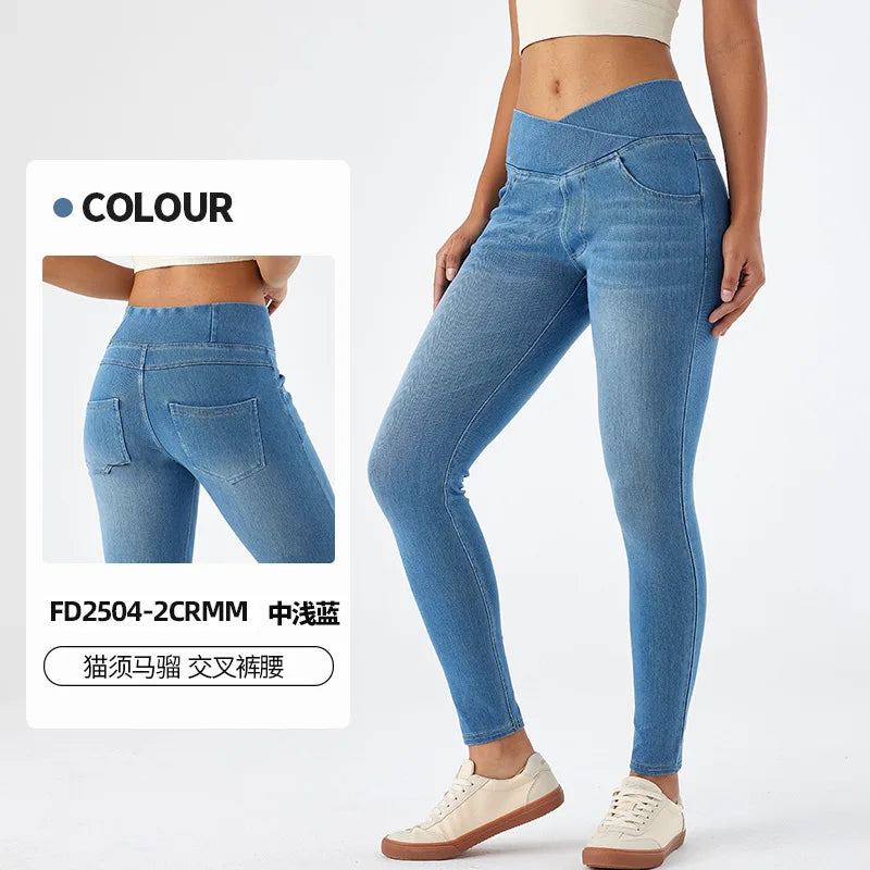 High Waist Cross Fit Women's Skinny Jeans Elastic Fitness Casual Pants Cotton Polyester Inner Lining Running Exercise Jeans