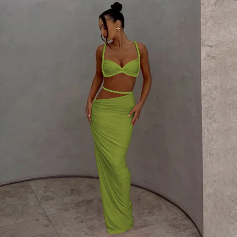 kliou Woven Sexy Women 2 Piece Set Stunning Hot Solid Pleated Crop Camisoles+High Waist Maxi Skirts Female Trend Vacation Outfit