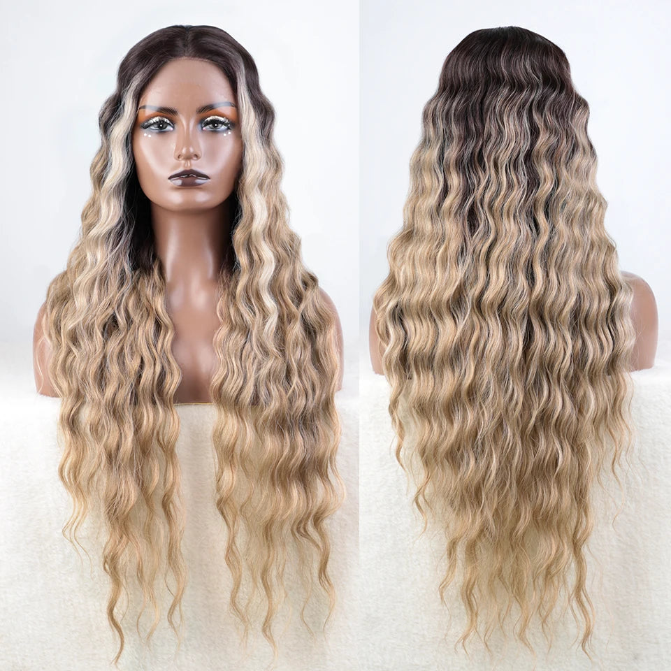 Synthetic Lace Front  Wig 30" Ombre Blonde Black Wig Baby Hair Wigs Long Wavy Hair Lace Wig For Women Lace Front Wig Cosplay Wig