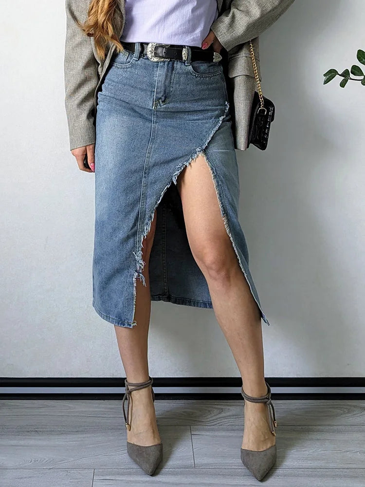 Streamgirl Irregular Split Denim Skirts For Women Midi Summer Casual Tassel Denim Skirt Lady Sexy A Line Jeans Skirt Women 2024