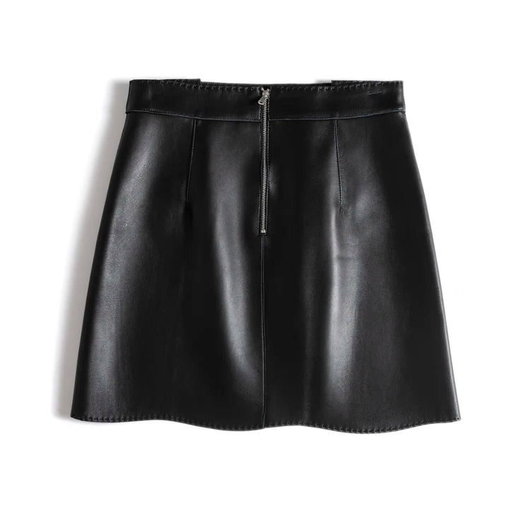 Moda Linda Lambskin Mini Skirts Women Handmade Arch Needle High Waist Wrap Leather Etek Khaki Double Breasted Metal Button Jupe