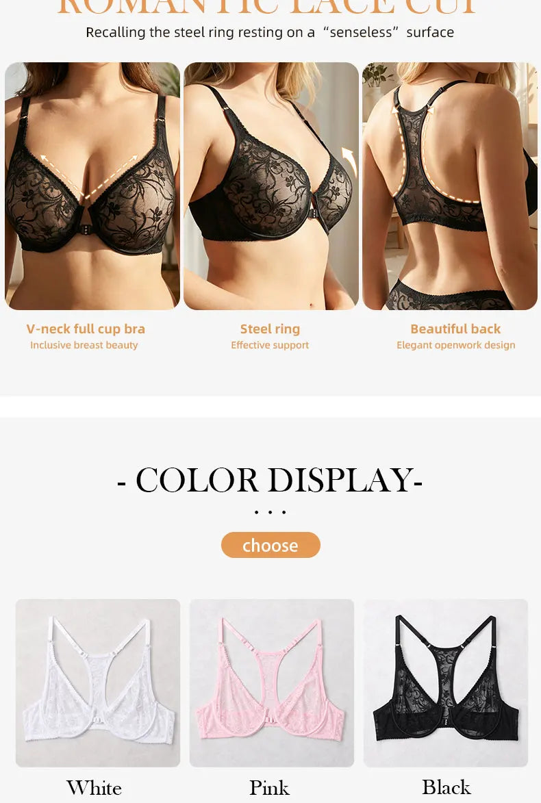 Bra For Womens Front Button Lace Bra Underwire Underwear Elegant Embroidery Beautiful Back Plus Size Lingeire BH Top
