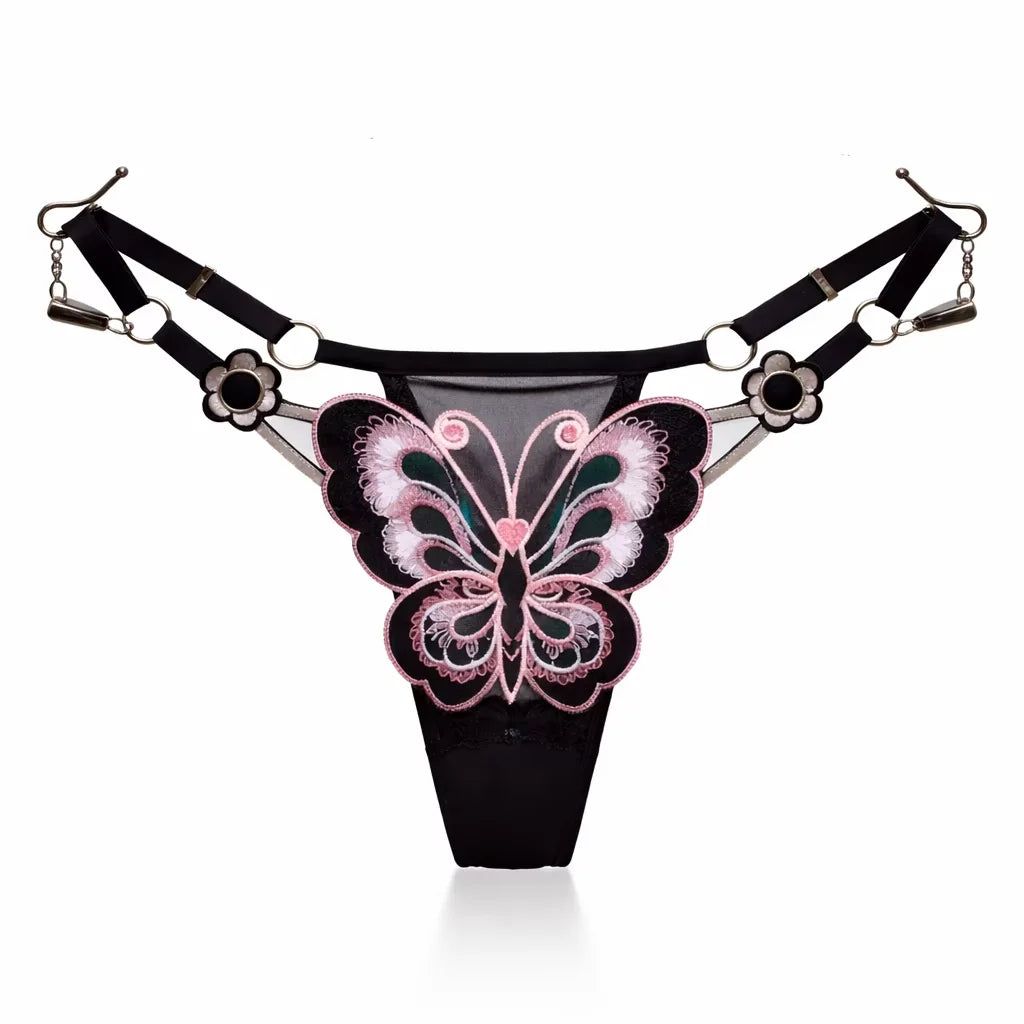 Butterfly Lace Thong for Women Low Waist G-String Transparent Mesh Panties Sexy Embroidered Briefs Adjustable Waist Culotte Femm