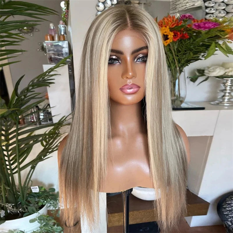 Ombre Ash Blonde Brown Lace Front Wig High Quality Synthetic Wig Real Wig Top Lace High Heat Fibre Soft Long Straight Wig 26''
