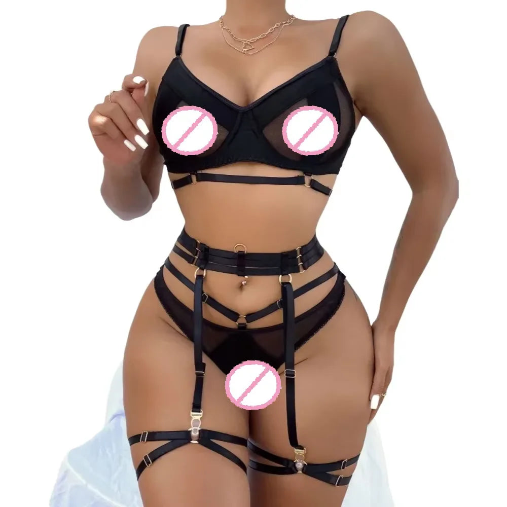Fashion Black Bra Set Women Patchwork See Through Mesh Lingerie Set Ladies Sexy Panty Garters Transparent Underwear Set