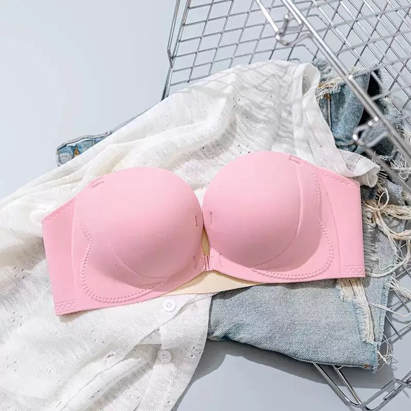 Strapless Anti-Slip Bra for Women with Small Breasts Front Buckle Gathered Design to Enhance Bust Size And Thickness
