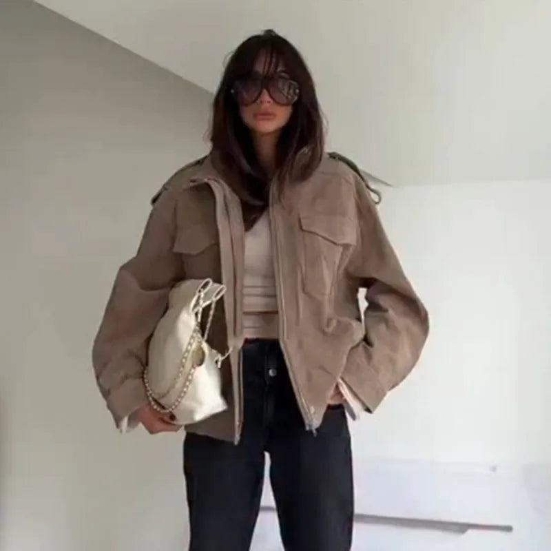 Women's Brown Suede Short Jackets Casual Lapel Zippered Full Sleeves Pocket Loose Short Coats 2025 Autumn Daily Commute Outwear