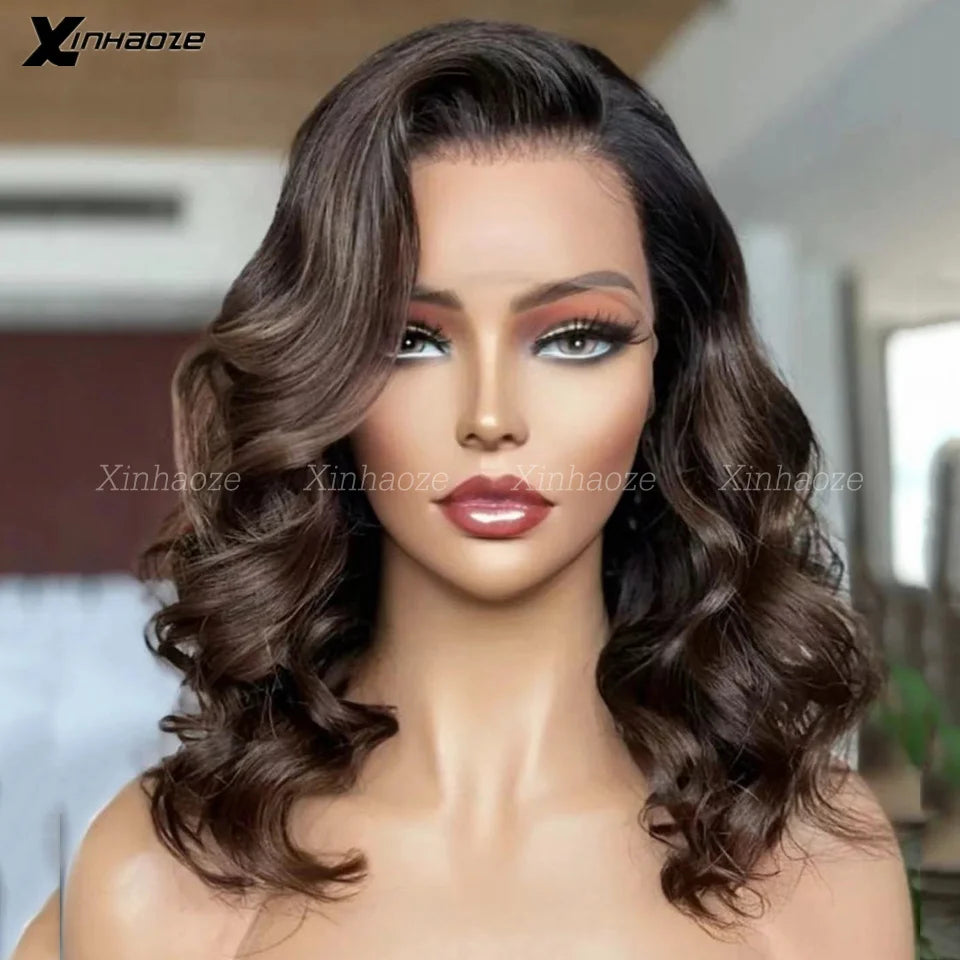 Ombre Brown 5x5 PU Silk Base Lace Closure Bob Wig For Women Human Hair 13x6 Lace Frontal Wig Preplucked Side Part Wavy Bob Wig