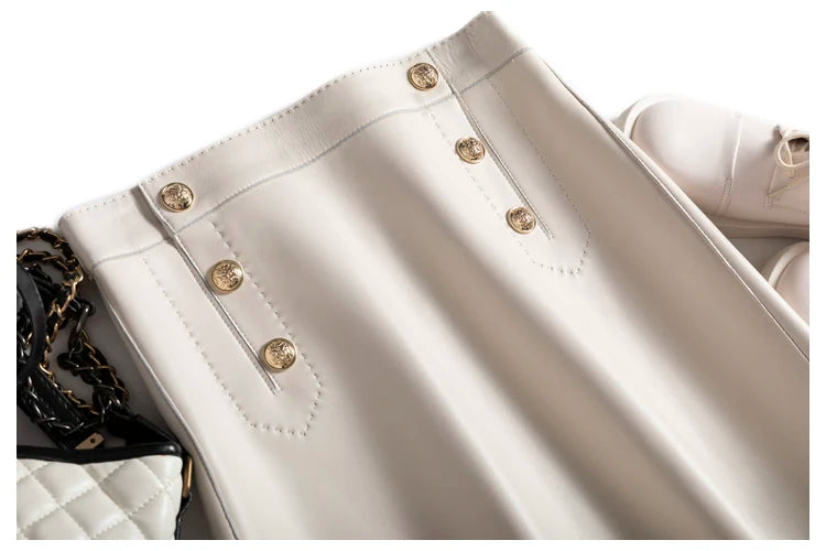 Moda Linda Lambskin Mini Skirts Women Handmade Arch Needle High Waist Wrap Leather Etek Khaki Double Breasted Metal Button Jupe