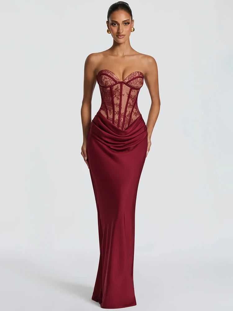Mozision Lace Corset Satin Mermaid Maxi Dress Women Elegant Strapless Sweetheart Neck Ruched Waist Bodycon Evening Party Gown