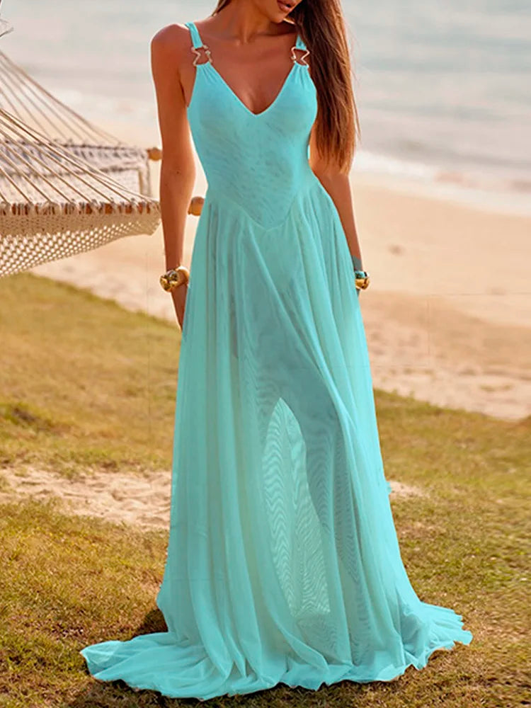 Metal Buckle Sexy Sheer Mesh Pleated Maxi Dress 2026 Fashion Deep V-Neck Spaghetti Straps Backless Long Summer Dresses for Women