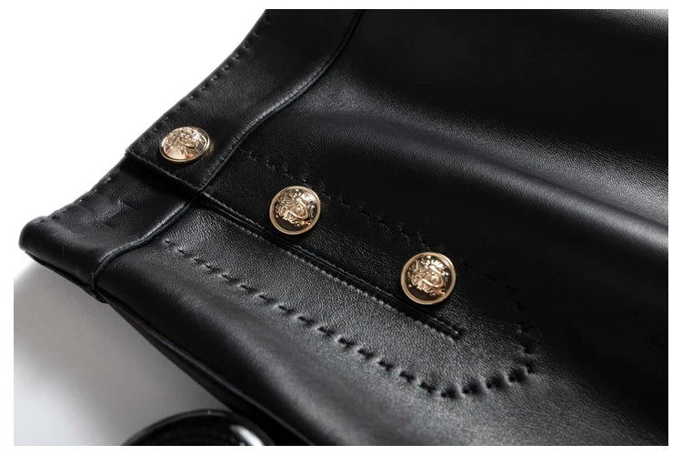 Moda Linda Lambskin Mini Skirts Women Handmade Arch Needle High Waist Wrap Leather Etek Khaki Double Breasted Metal Button Jupe
