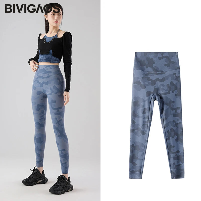 BIVIGAOS Spring Summer New Seamless Camouflage Sharkskin Leggings Women Fashion High Waist Casual Sports Tights Fitness Leggings