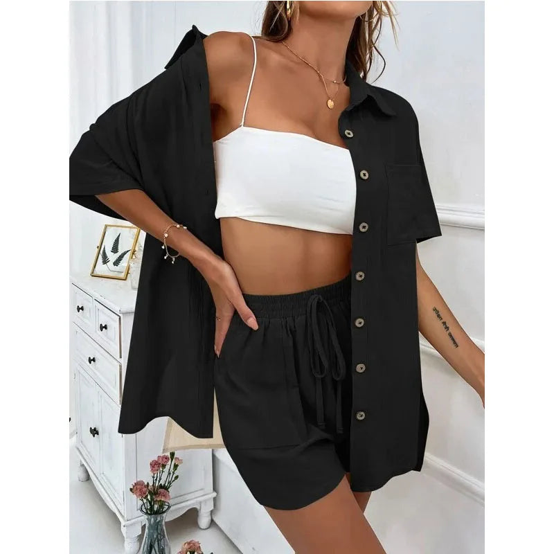 Solid Color Casual Loose Short Pants Sets For Women 2024 Elegant Summer Women's Two Pieces Suit Full Set Female Outfit Clothes