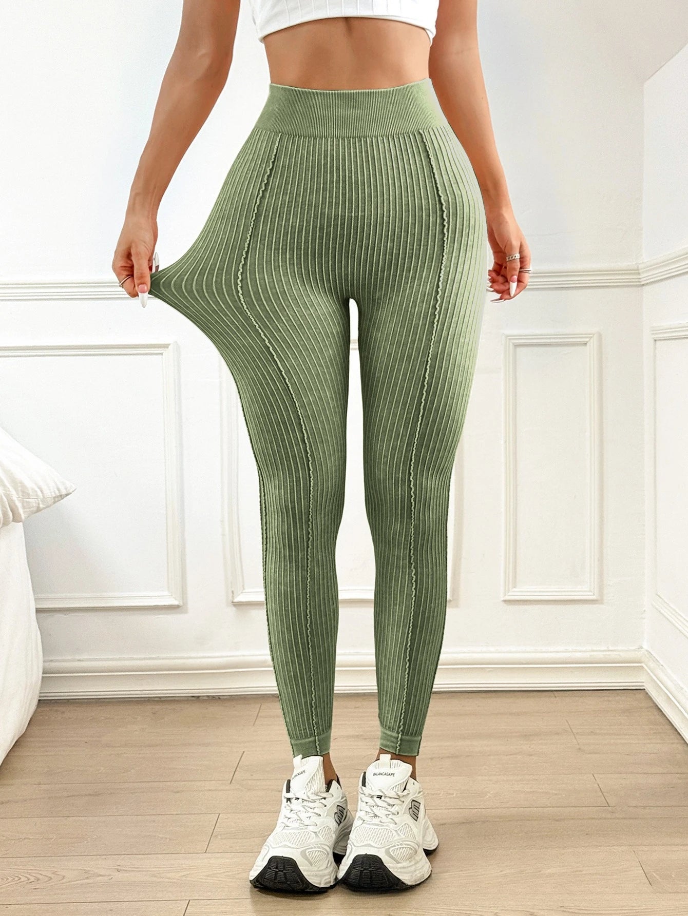 Womens Sand Washed Ribbed Leggings High Waisted Yoga Leggings V Shaped Waistband Peach Booty Lifting Fitness Pants for Workout