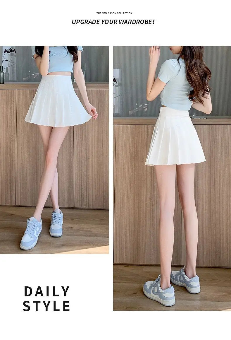Pleated Mini Skirt with Shorts Women's High Waist A-Line Skater Skort White Black Pink Sporty School Uniform New Fashion HotSale