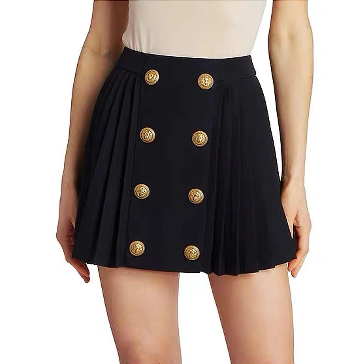 S-xl Black And White High-quality Fashionable Solid Color New Side Pleated Double Row Button Casual Commuting Women Short Skirt