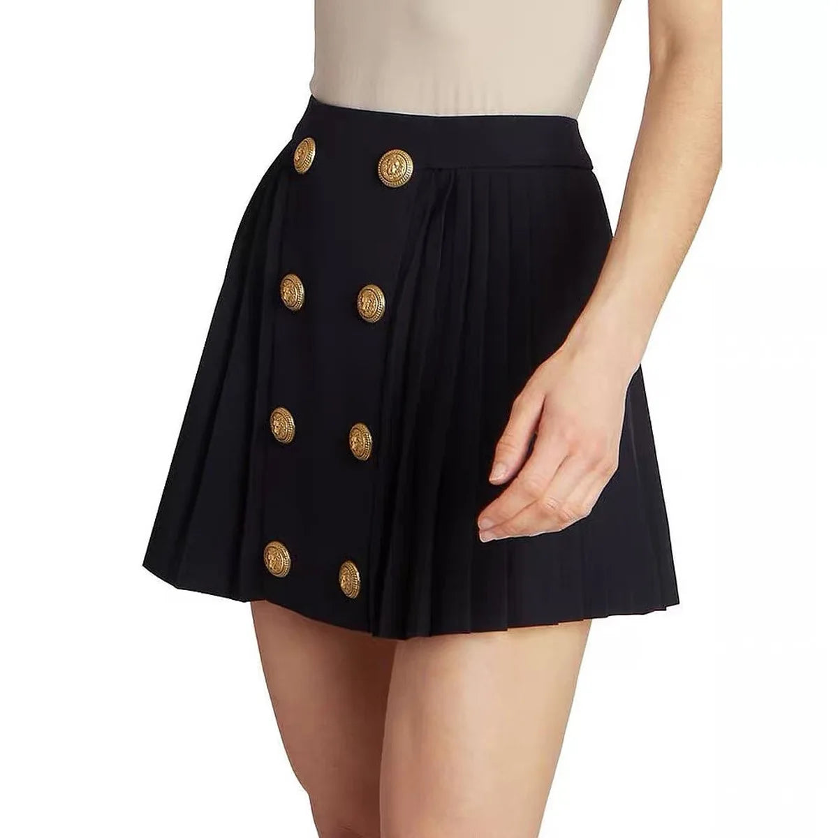 S-xl Black And White High-quality Fashionable Solid Color New Side Pleated Double Row Button Casual Commuting Women Short Skirt