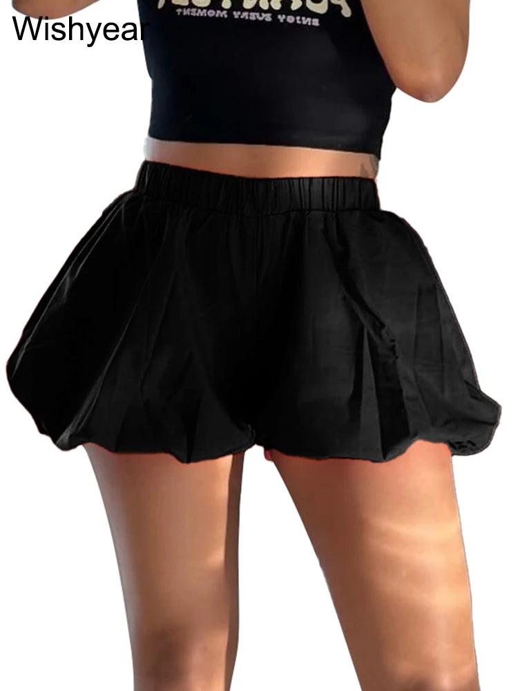Casual Pleated Double Bubble Baddie Shorts for Women Elastic Waist Red Pants Summer Beach Y2k Streetwear Vacation Club Outfit