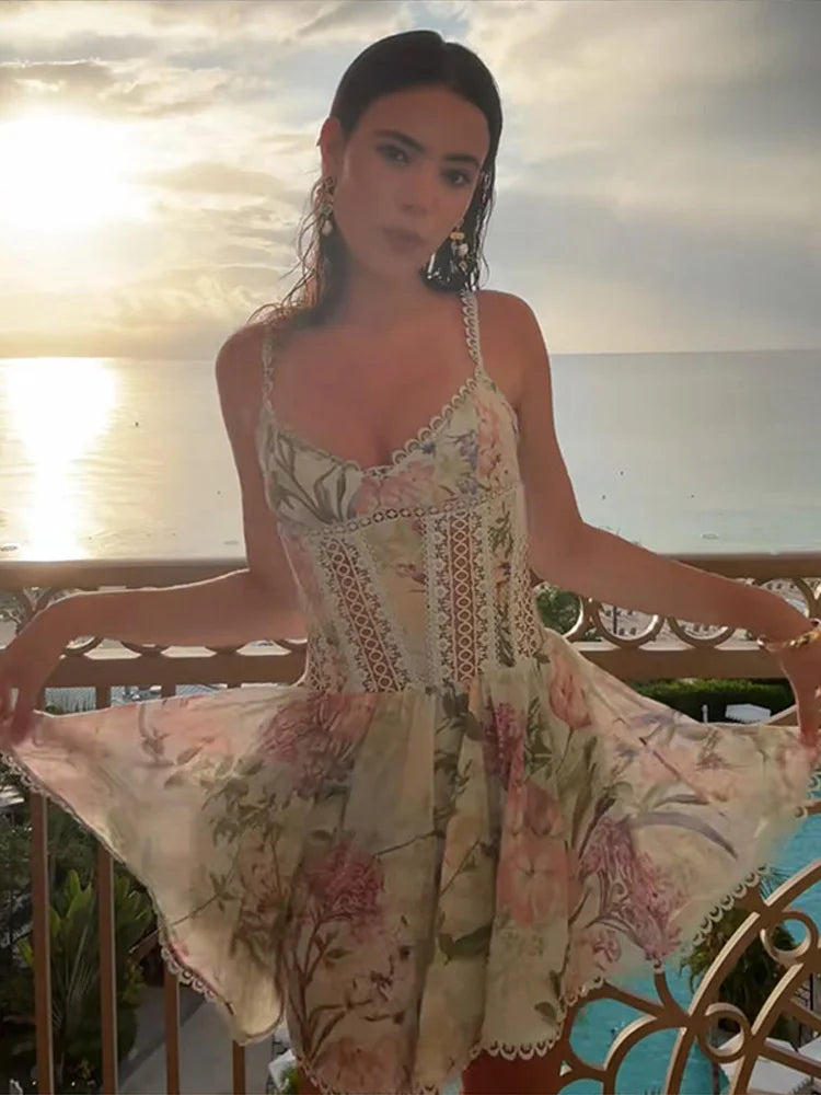 Women Floral Print Corset A-Line Mini Dress Lace Trim Spaghetti Strap V Neck Elegant Party Dresses 2026 Summer Lady Chic Outfit