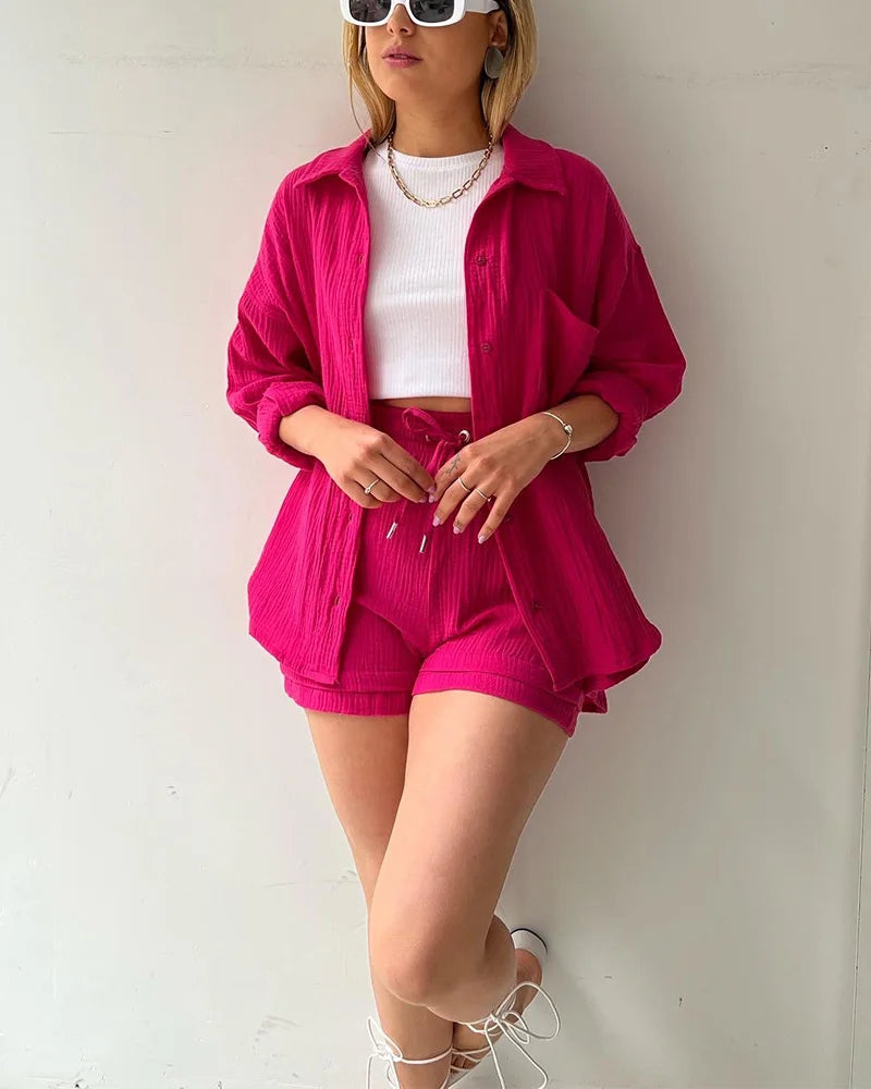 Summer Women's Suit Short Sets Outfits Muslin Suit For Women 2025 Two Piece Female Clothing Solid Button Outfits