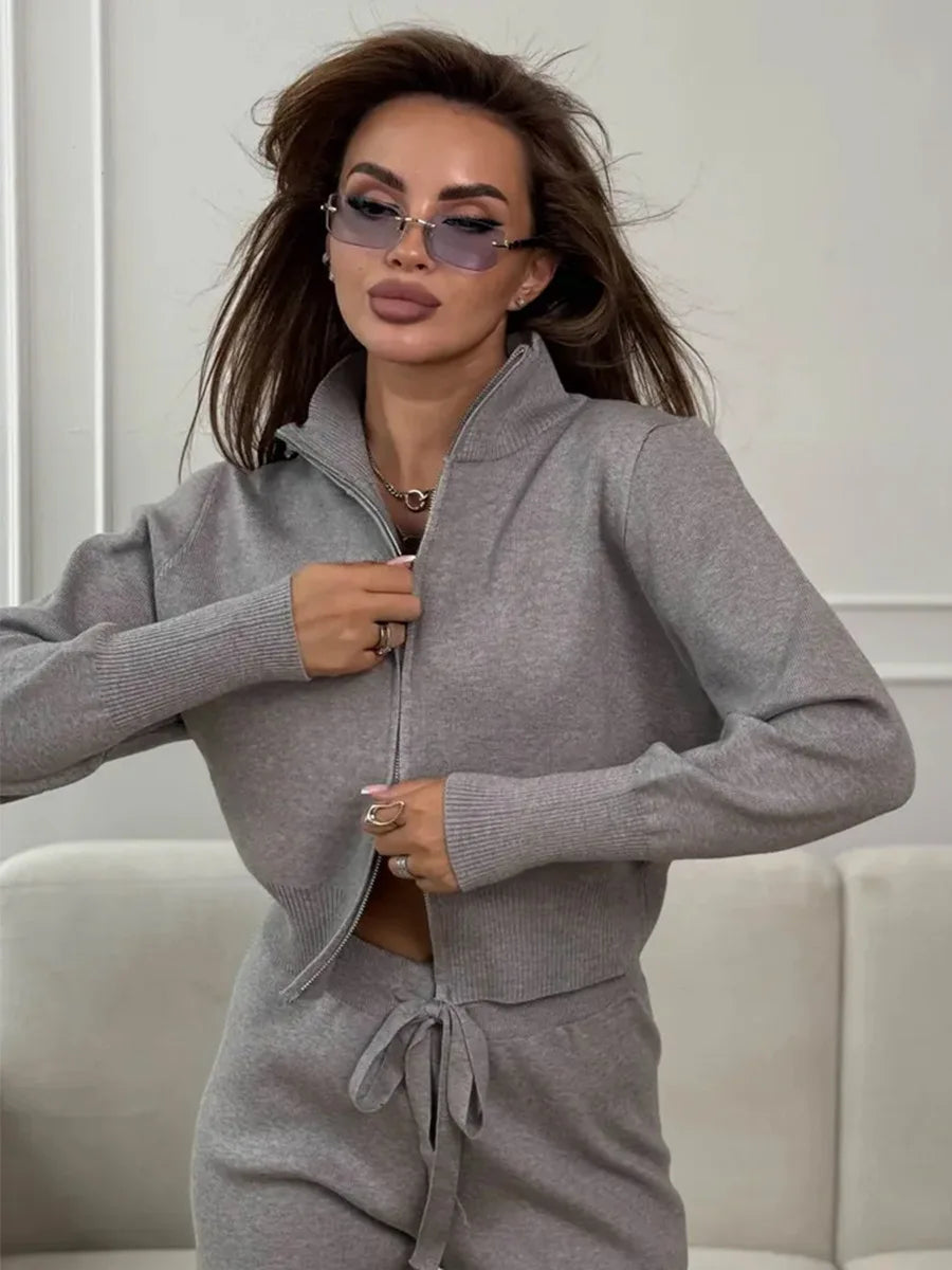 Wolfeel  New Autumn Winter Zip Up Knit Pants Set Women's Trendy Slim Fit Cardigan Pants Chic Commuting Sweater Outfit
