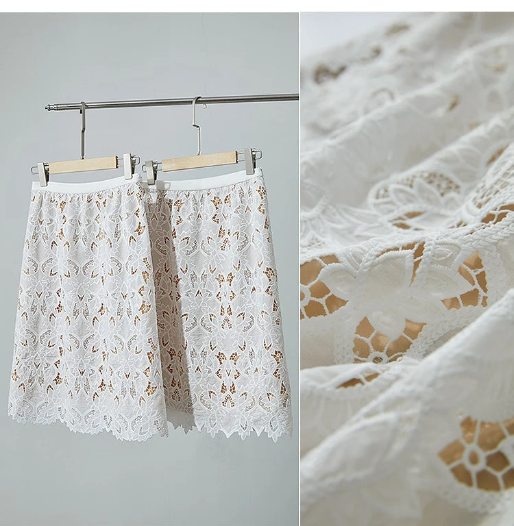 AMII Minimalist Beige Elegant Skirt Straight 2025 Summer Office Lady Romantic Flower Lace Embroidery Women Midi Skirts 12542169