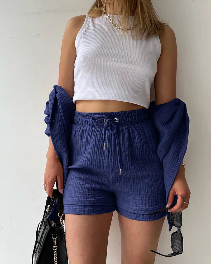 Summer Women's Suit Short Sets Outfits Muslin Suit For Women 2025 Two Piece Female Clothing Solid Button Outfits