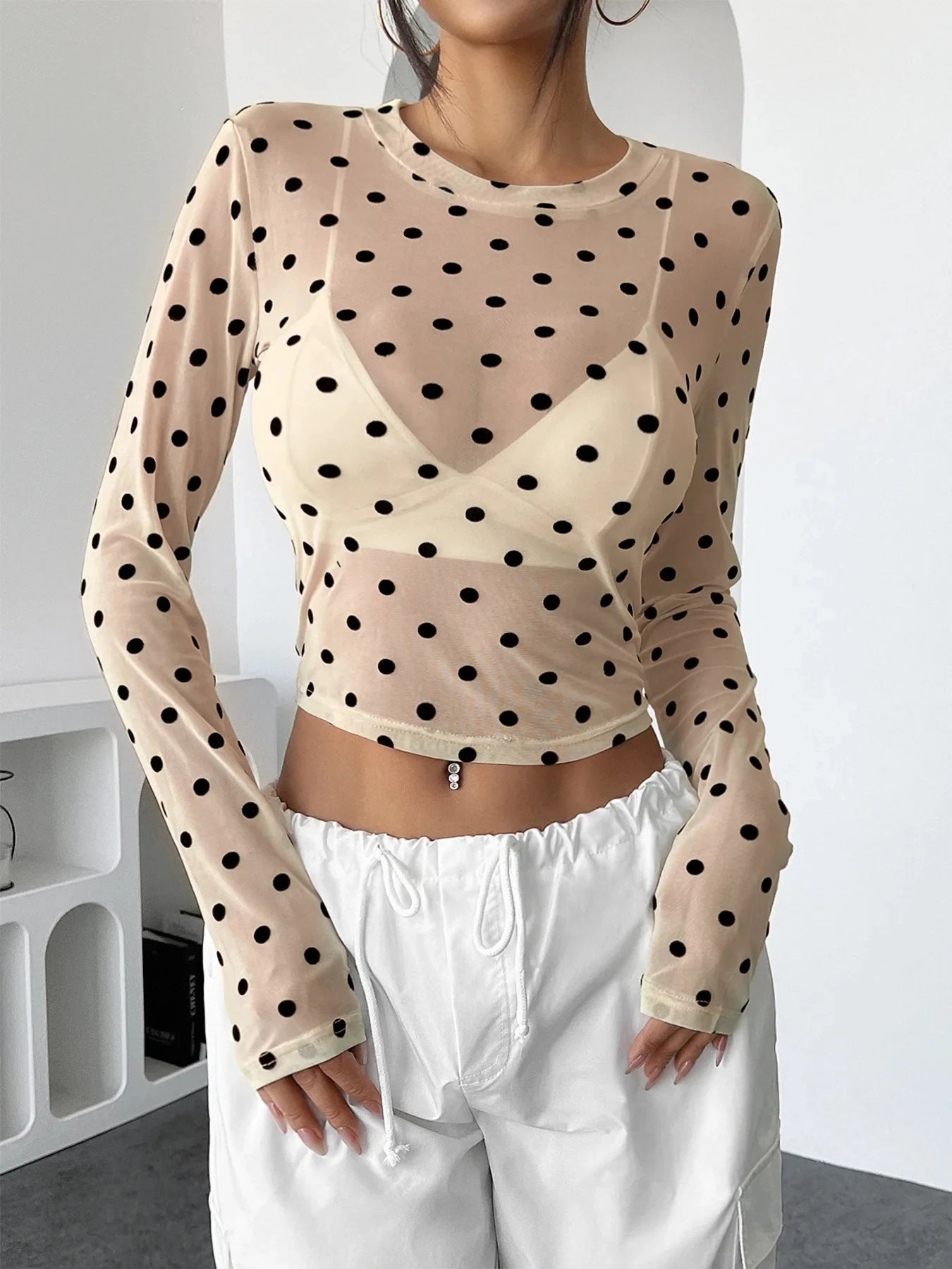 Women's Polka Dot Long Sleeve Mesh Top See through Sheer Blouse Y2K Crop Top for Date Night Club Party Going out Sexy Clothes