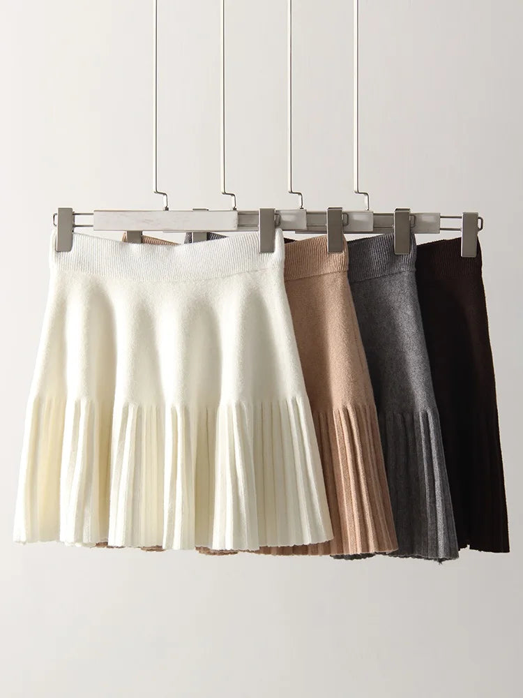 Black Mini Pleated Skirt Gray Women Elastic Waist Short Knitted Skirt For Autumn White A Line Knit Short School Skirt For Women