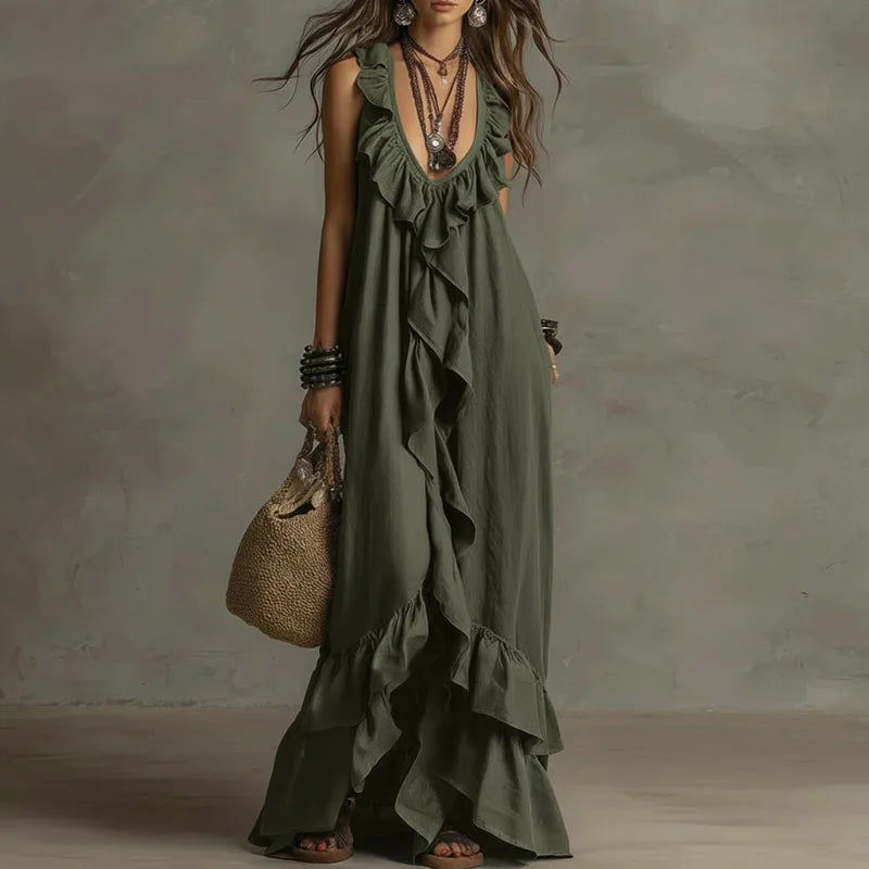 Sexy Deep V Neck Ruffle Loose Long Dresses Woman Spring Casual Solid Party Maxi Dress New Summer Sleeveless Vacation Beach Dress