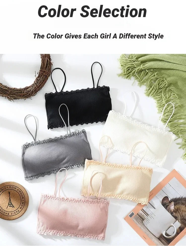 Cotton Camisole Top Girl No Underwire Chest Pad Adjustable To Fit Small Vest Wrap Bra Student Summer Women Bras Back Lace Sexy