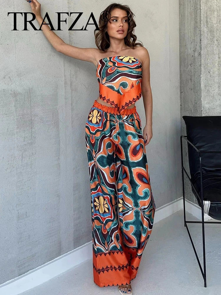 HH Women Pants Set Vintage Print Back Bow Tie Strapless Bustier Tops + Drawstring Trousers Female Chic Streetwear Pant Suits