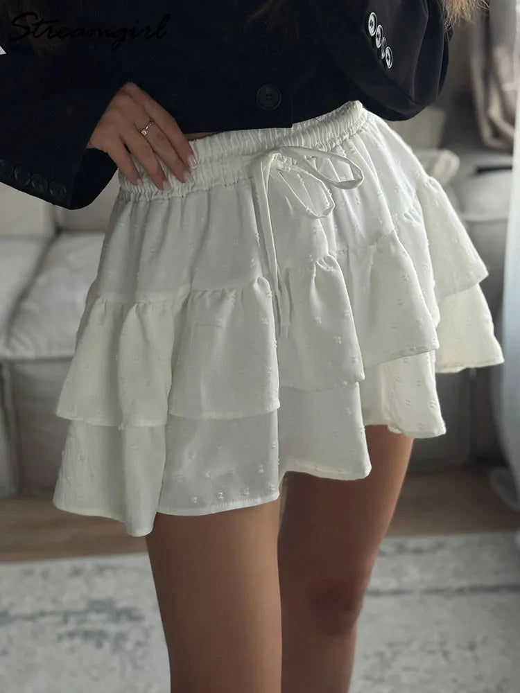 Streamgirl Women Mini Skirts With Shorts Under Summer Clothes Tie Up A Line Short White Pleated Ruffled Layered Skirt For Women