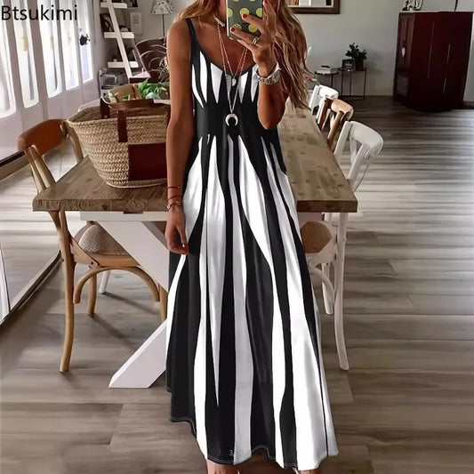Women's Summer Sleeveless Print Sling Long Dress Vintage Loose Sundress Sexy V-neck Bohemian A-line Vacation Strappy Maxi Dress