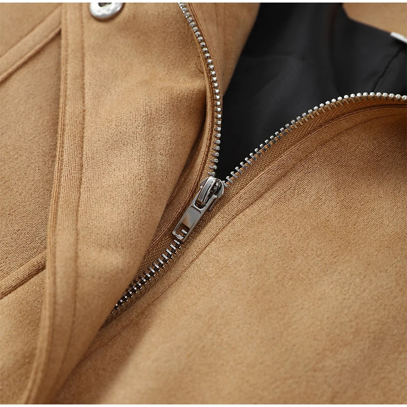 Women's Brown Suede Short Jackets Casual Lapel Zippered Full Sleeves Pocket Loose Short Coats 2025 Autumn Daily Commute Outwear