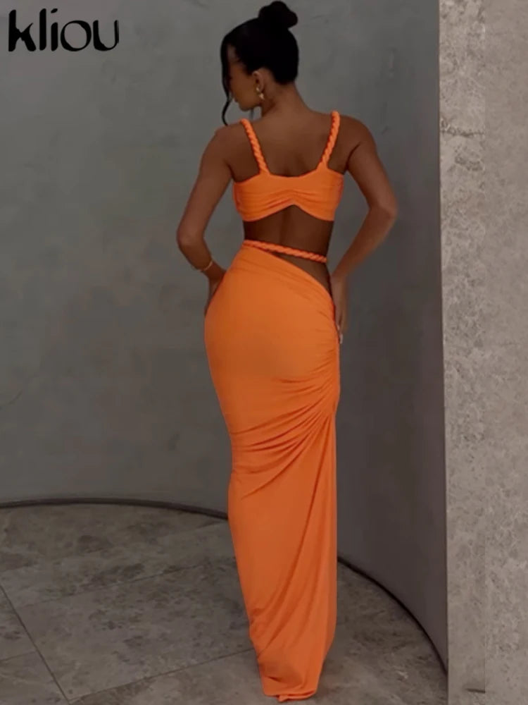 kliou Woven Sexy Women 2 Piece Set Stunning Hot Solid Pleated Crop Camisoles+High Waist Maxi Skirts Female Trend Vacation Outfit