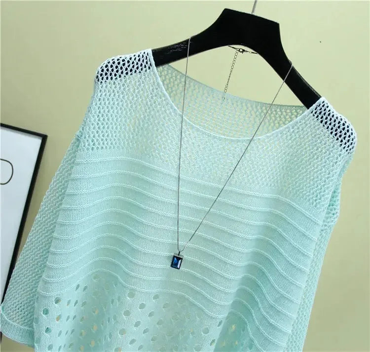 Spring and Summer New Ice Silk Knitted Vest Top Hollow Out Thin Bottoming Sling Streetwear Womens Clothing Shirt