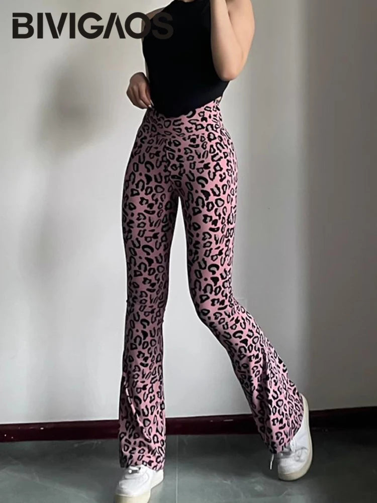 BIVIGAOS Spring Summer Leopard Print Flared Leggings Women Sharkskin High Waist Tight Sport Pilates Sexy Fitness Horseshoe Pants