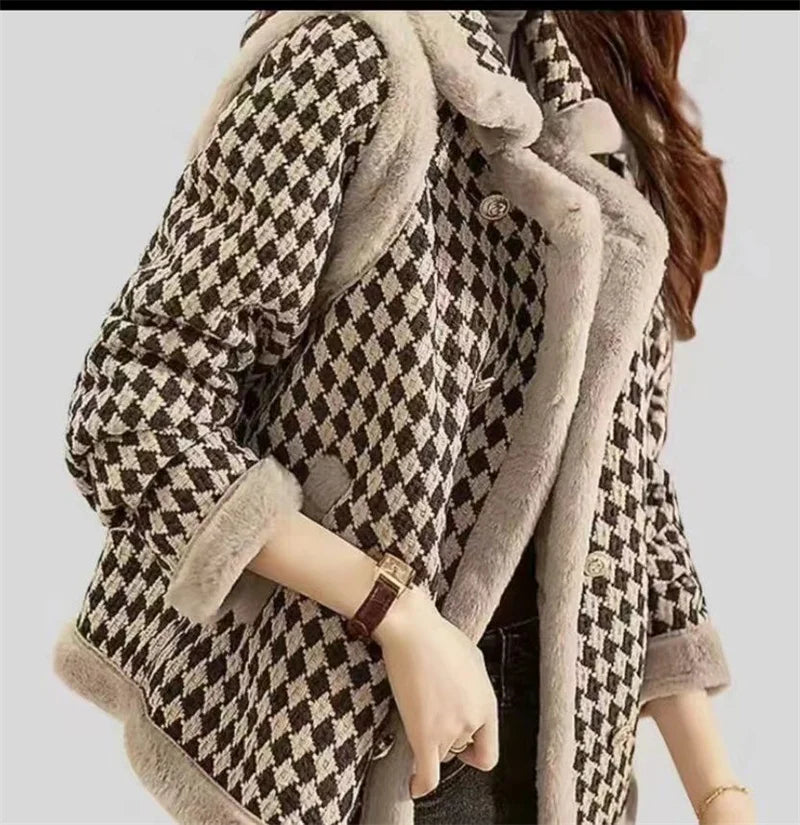 New Autumn And Winter Clothes With Velvet Padded Coat Female Short Korean Version Woolen Lattice Temperament Keep Warm Coat