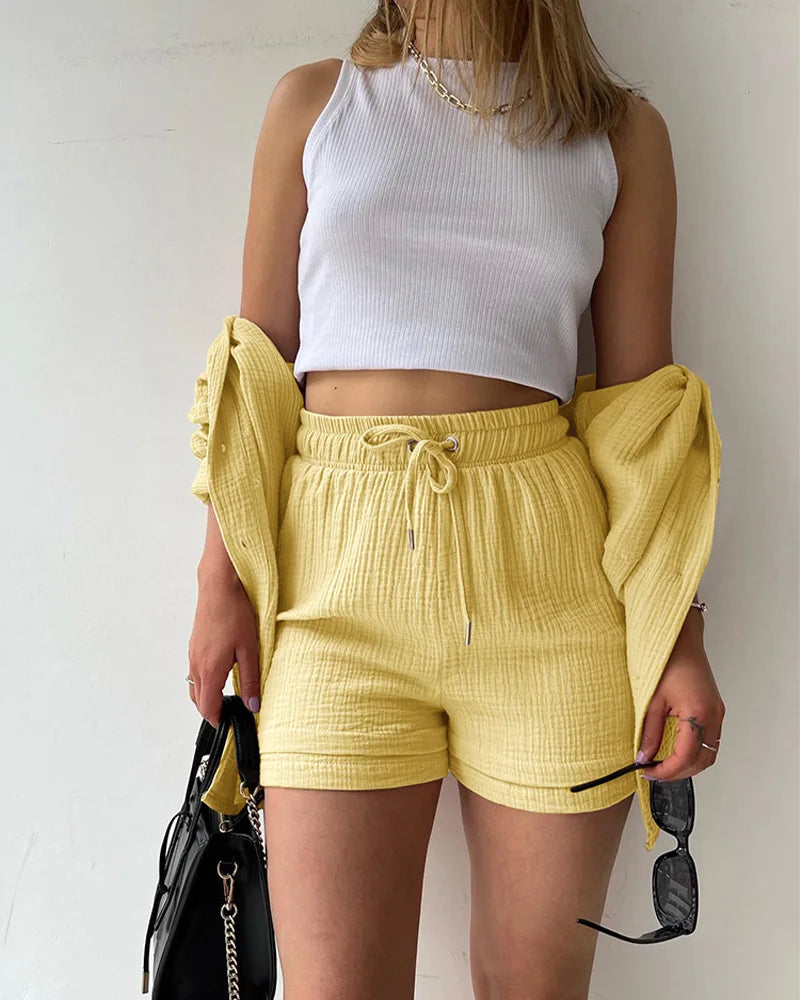 Summer Women's Suit Short Sets Outfits Muslin Suit For Women 2025 Two Piece Female Clothing Solid Button Outfits