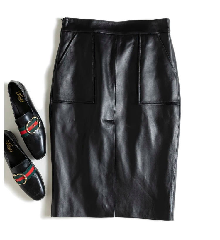 Lambskin Skirt for Women Commuting OL Simplified Vertical Cut 100% Leather Front Split Jupe Mujer Pockets Black Wrap Midi Skirt