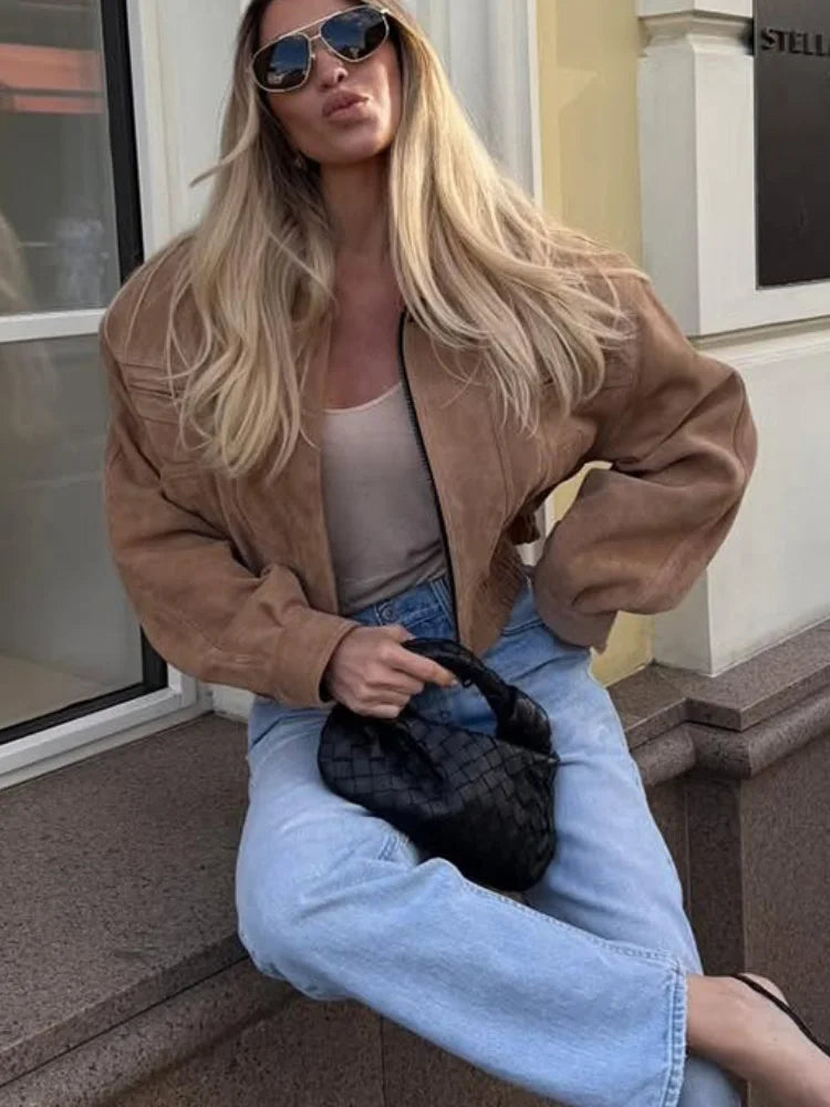 Women's Brown Suede Short Jackets Casual Lapel Zippered Full Sleeves Pocket Loose Short Coats 2025 Autumn Daily Commute Outwear