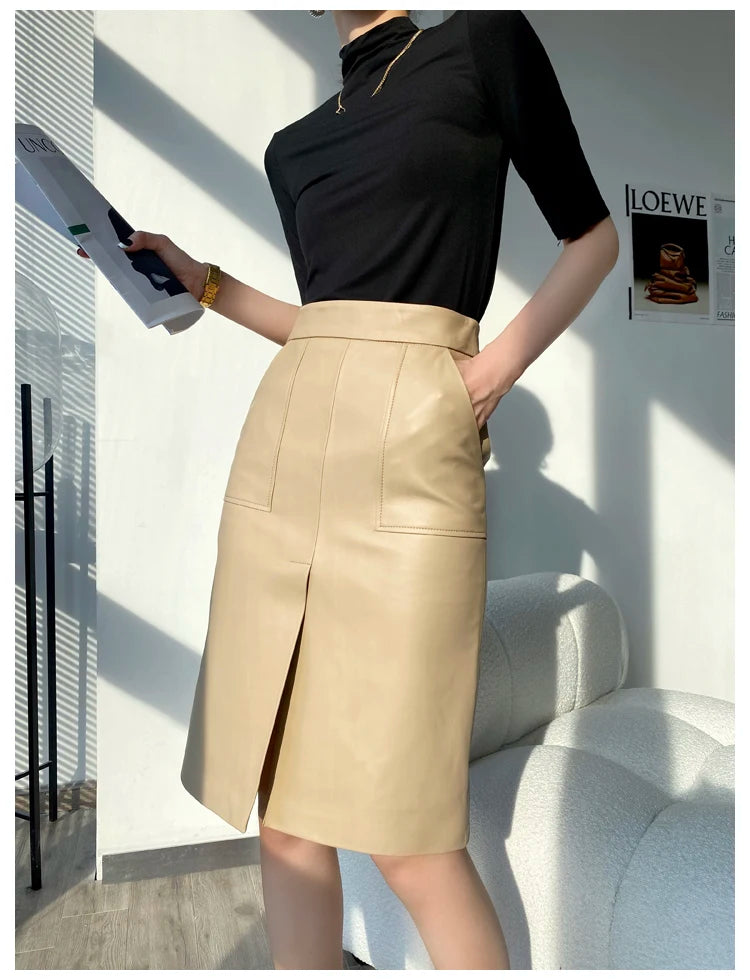 Lambskin Skirt for Women Commuting OL Simplified Vertical Cut 100% Leather Front Split Jupe Mujer Pockets Black Wrap Midi Skirt
