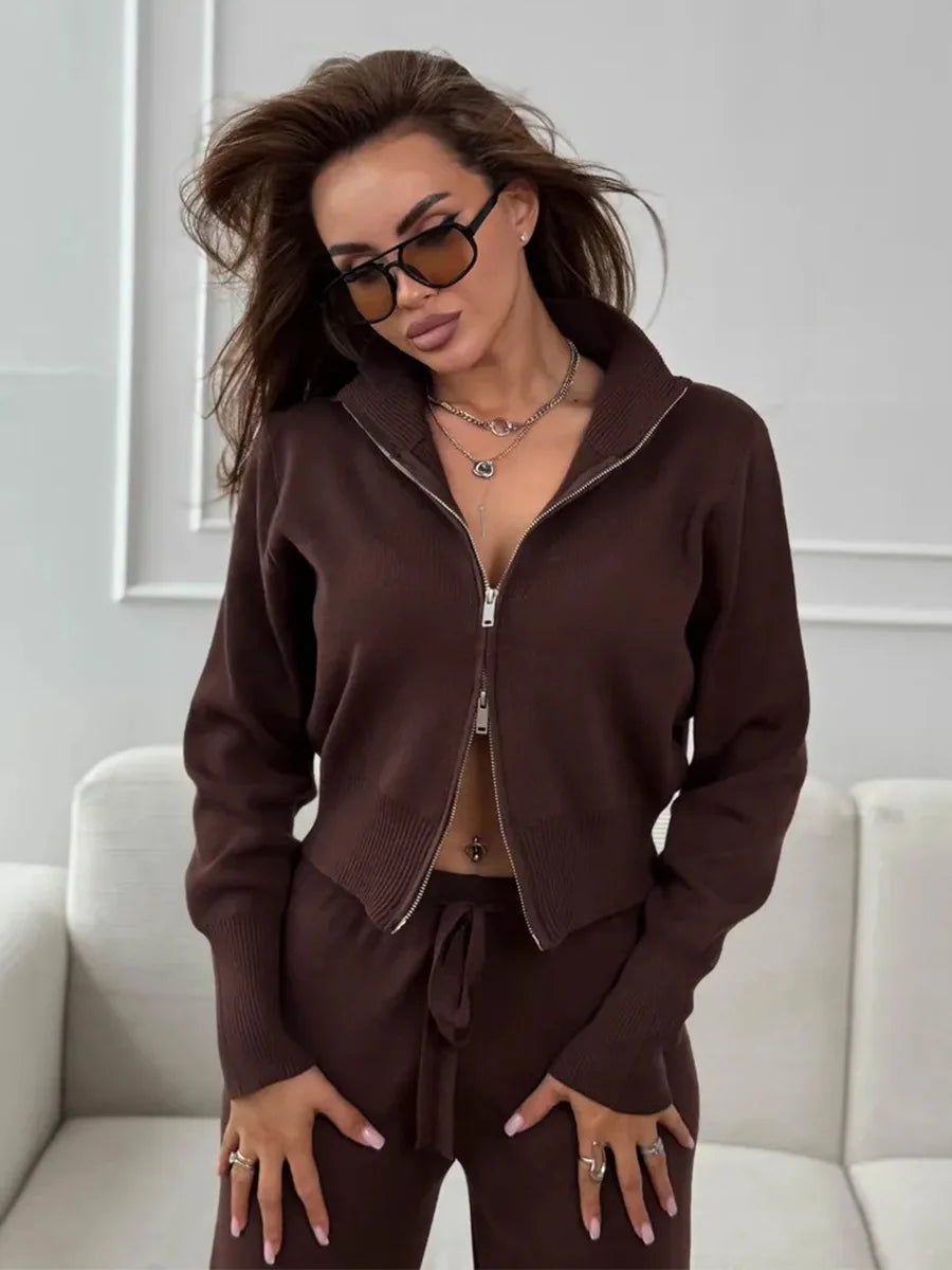 Wolfeel  New Autumn Winter Zip Up Knit Pants Set Women's Trendy Slim Fit Cardigan Pants Chic Commuting Sweater Outfit